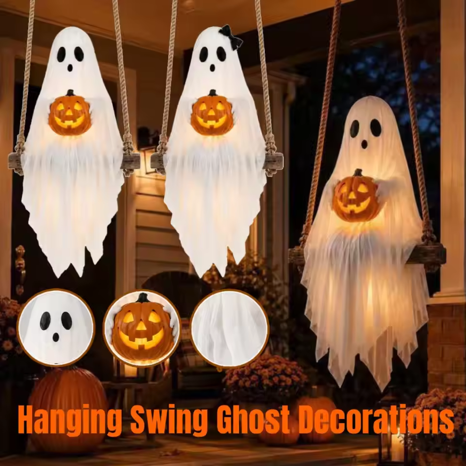 Lighted Ghost & Pumpkin Swing Ornament