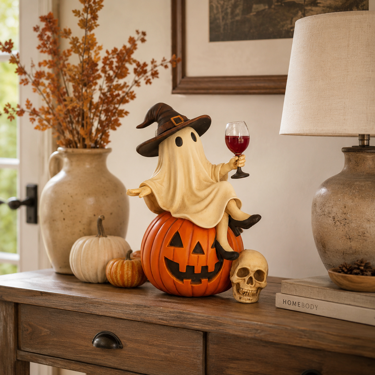 Halloween Resin Ghost Statue Witch Hat Wine Glass Pumpkin Skull Figurine Bar Tabletop Home Decor Gift