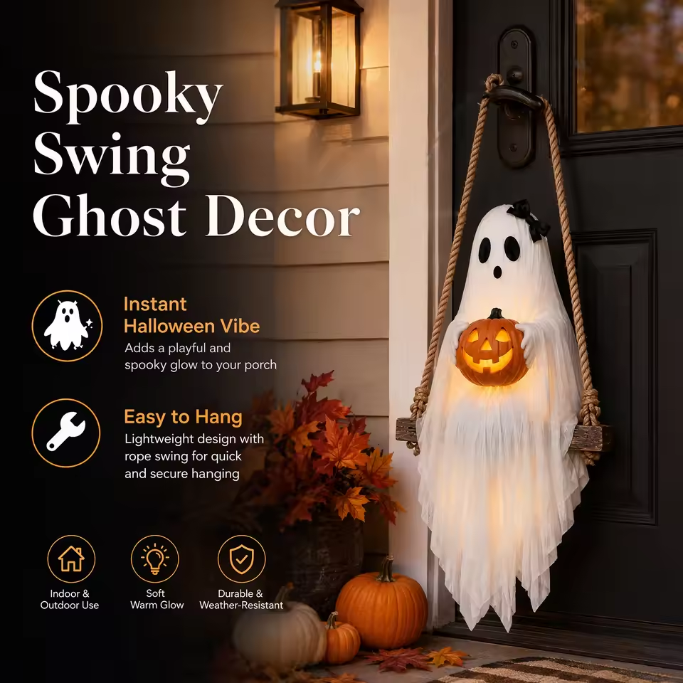 Lighted Ghost & Pumpkin Swing Ornament