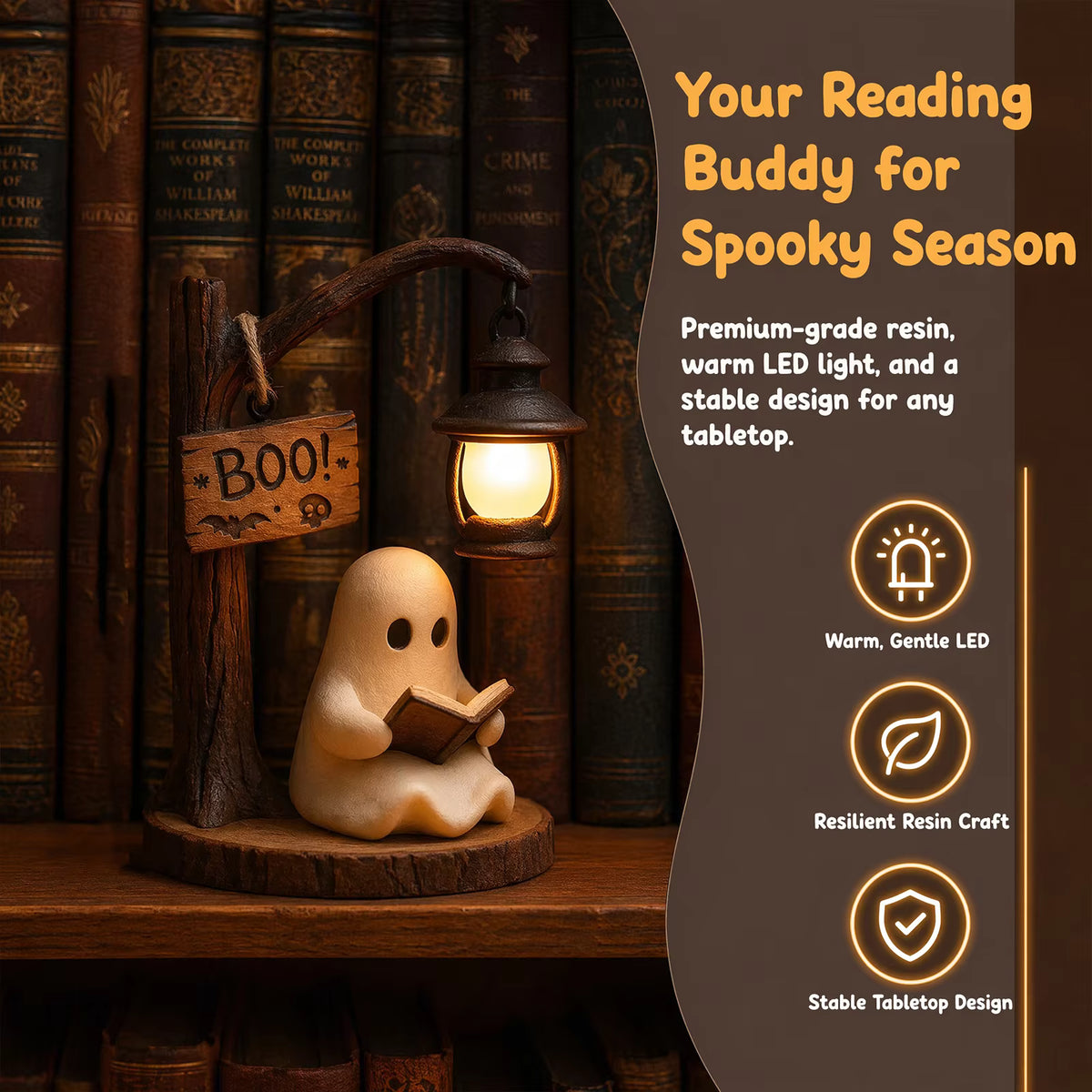 Resin Halloween Ghost Reading Lantern Multi-Purpose Halloween Ambiance Lamp Cartoon Tabletop Ornament for Home Indoor Decors