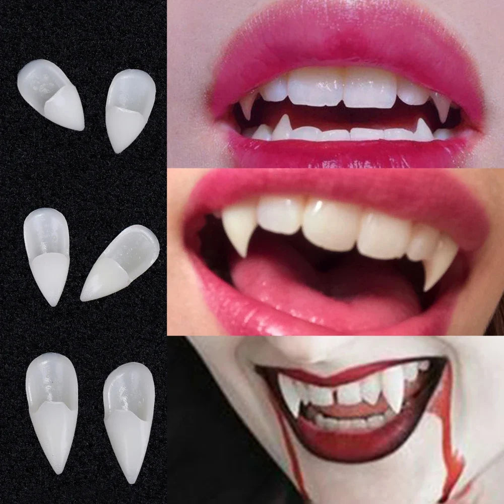 Halloween Vampire Teeth Fangs - 5 Pairs Reusable Dentures with Adhesive for Cosplay Party Costume