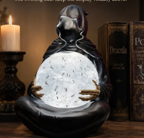 Grim Reaper Statue Table Decor Gothic Halloween Death God Crystal Ball Light Up Sphere Black Reaper Globe for Mantel Shelf Desk