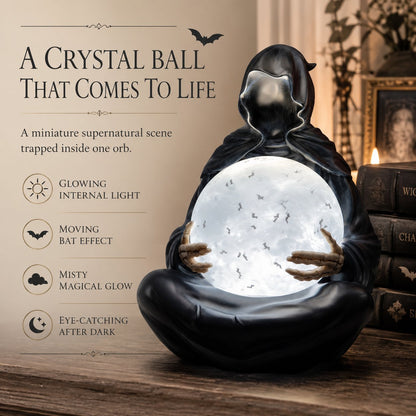 Grim Reaper Statue Table Decor Gothic Halloween Death God Crystal Ball Light Up Sphere Black Reaper Globe for Mantel Shelf Desk