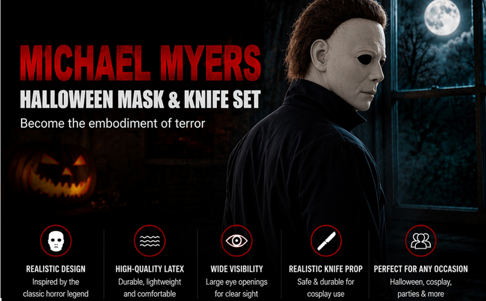 Michael Myers Mask, Halloween Mask for Adult With Classic Knife Realistic Horror, Michael Myers Costume Cosplay