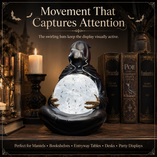 Grim Reaper Statue Table Decor Gothic Halloween Death God Crystal Ball Light Up Sphere Black Reaper Globe for Mantel Shelf Desk